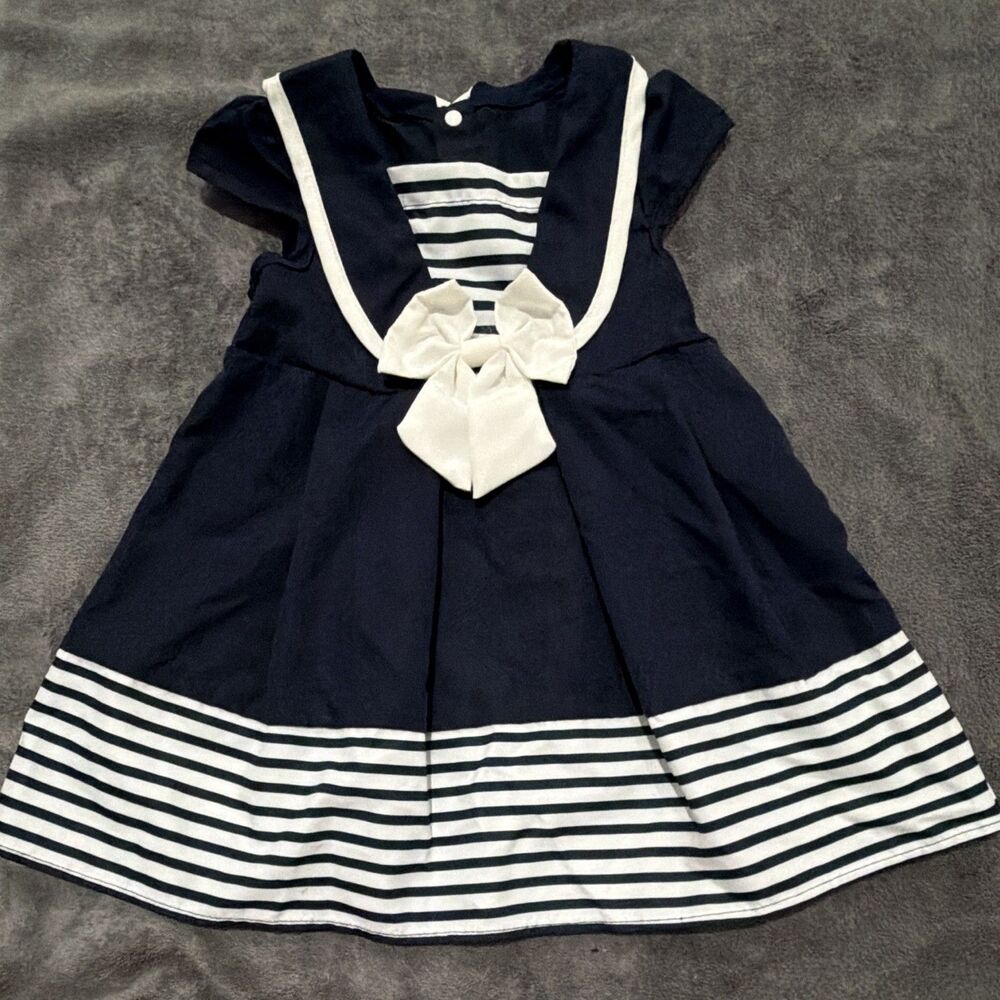 SHEIN Girls Dress 12-18M Navy White Striped Fit & Flare Bow Collared Cap